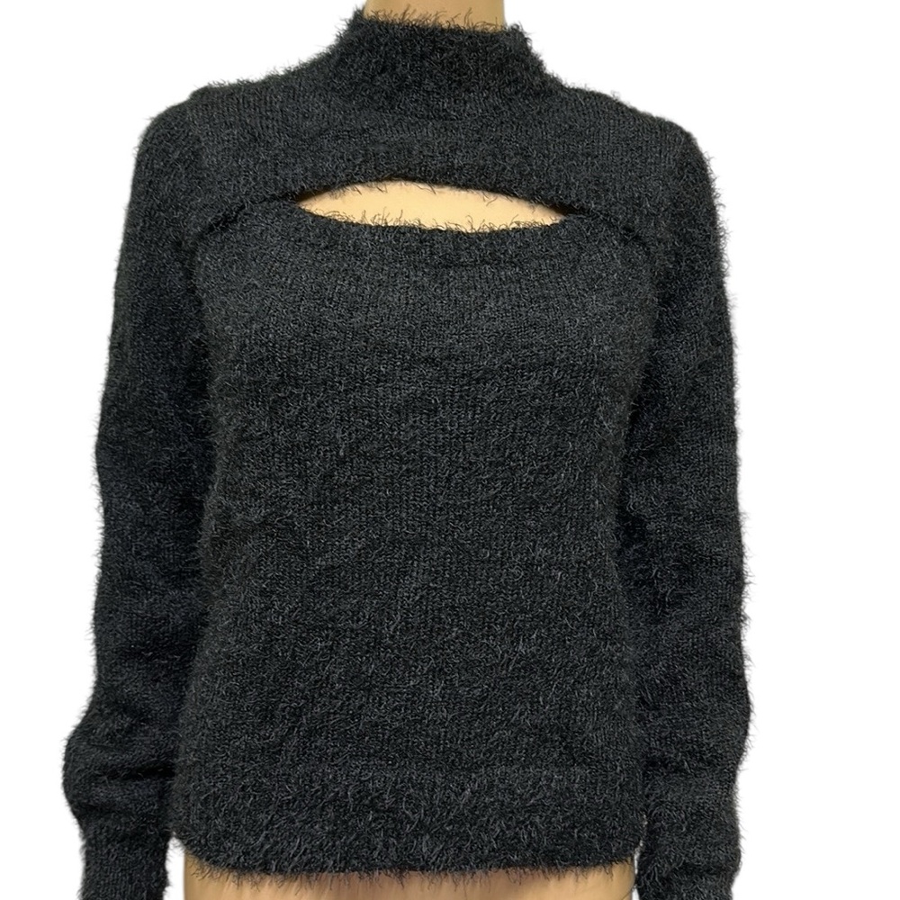 Sweet and Sinful Black Eyelash Knit Keyhole Front Mock Neck Sweater Womens Large